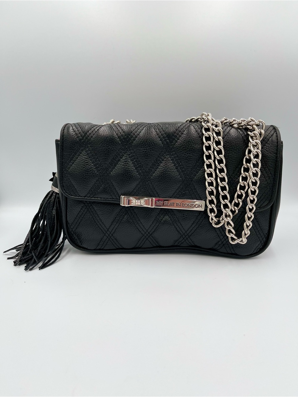 Brighton My Flat In London Astor Black Quilted Purse Chain Strap Bow and Diamond